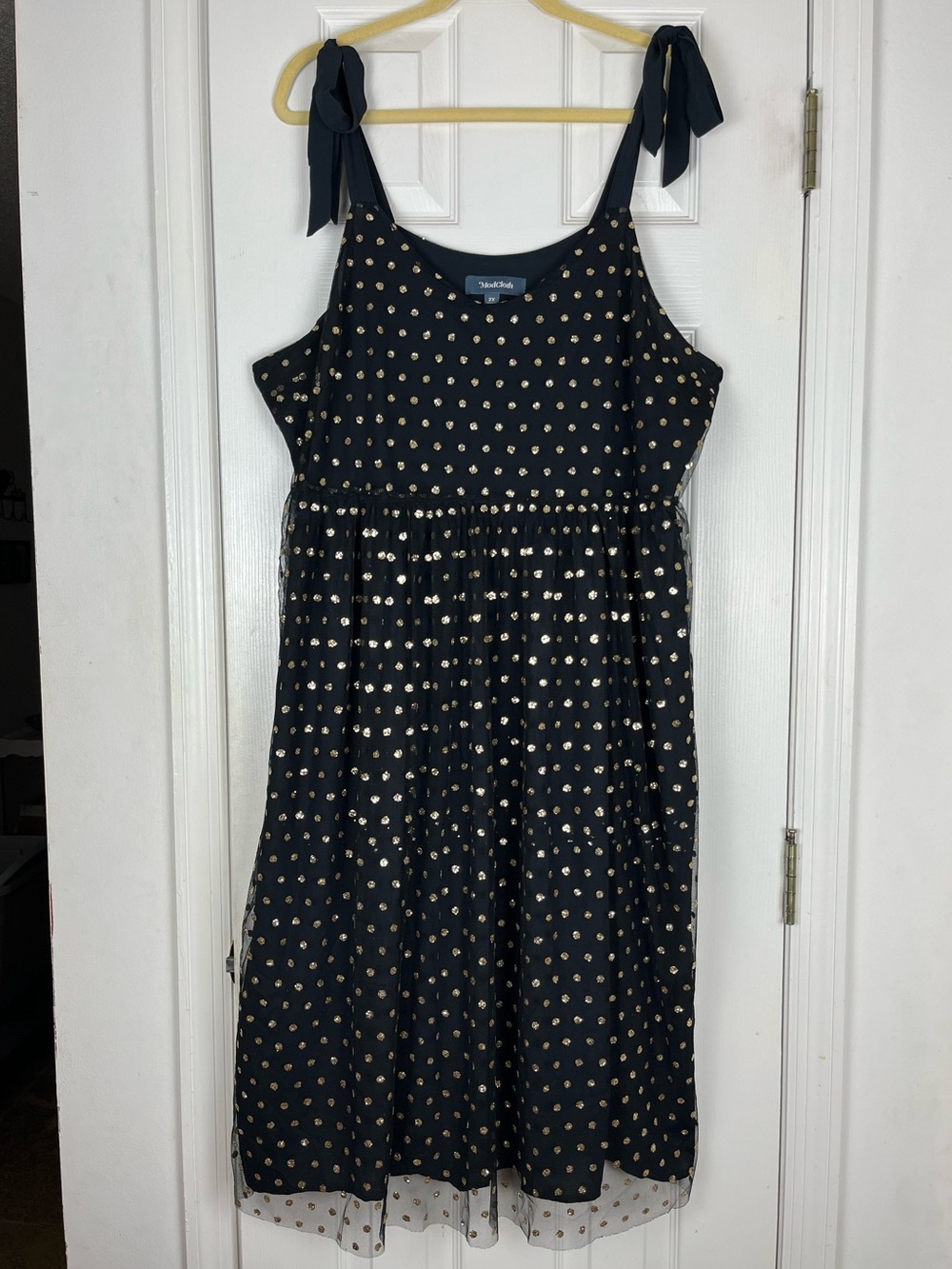 Modcloth Gold Glitter Polka Dot Black Sheer Mesh Lined Midi Dress Sz 2X